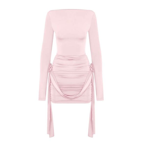 NEW Lioness Glory Blush Pink Long Sleeve Ruched Boat Neck Mini Bodycon Dress XS - Picture 13 of 13